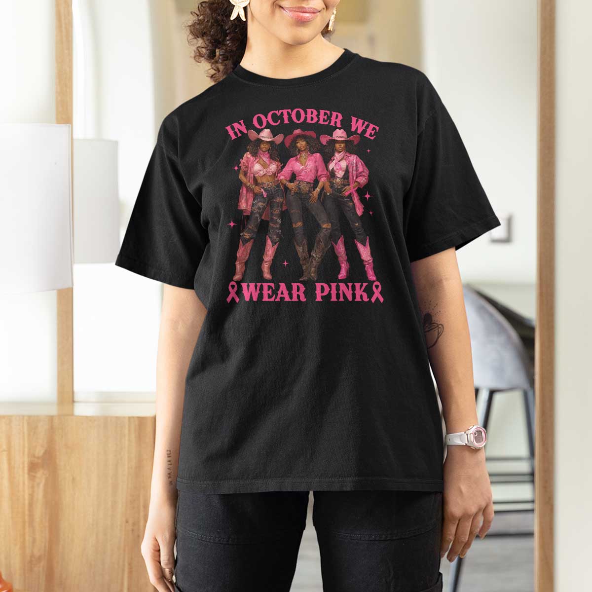 In October We Wear Pink T Shirt For Women Breast Cancer Awareness Month Cowgirl Pink Ribbon - Wonder Print Shop