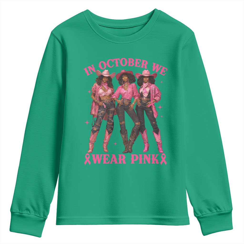 In October We Wear Pink Youth Sweatshirt Breast Cancer Awareness Month Cowgirl Pink Ribbon - Wonder Print Shop