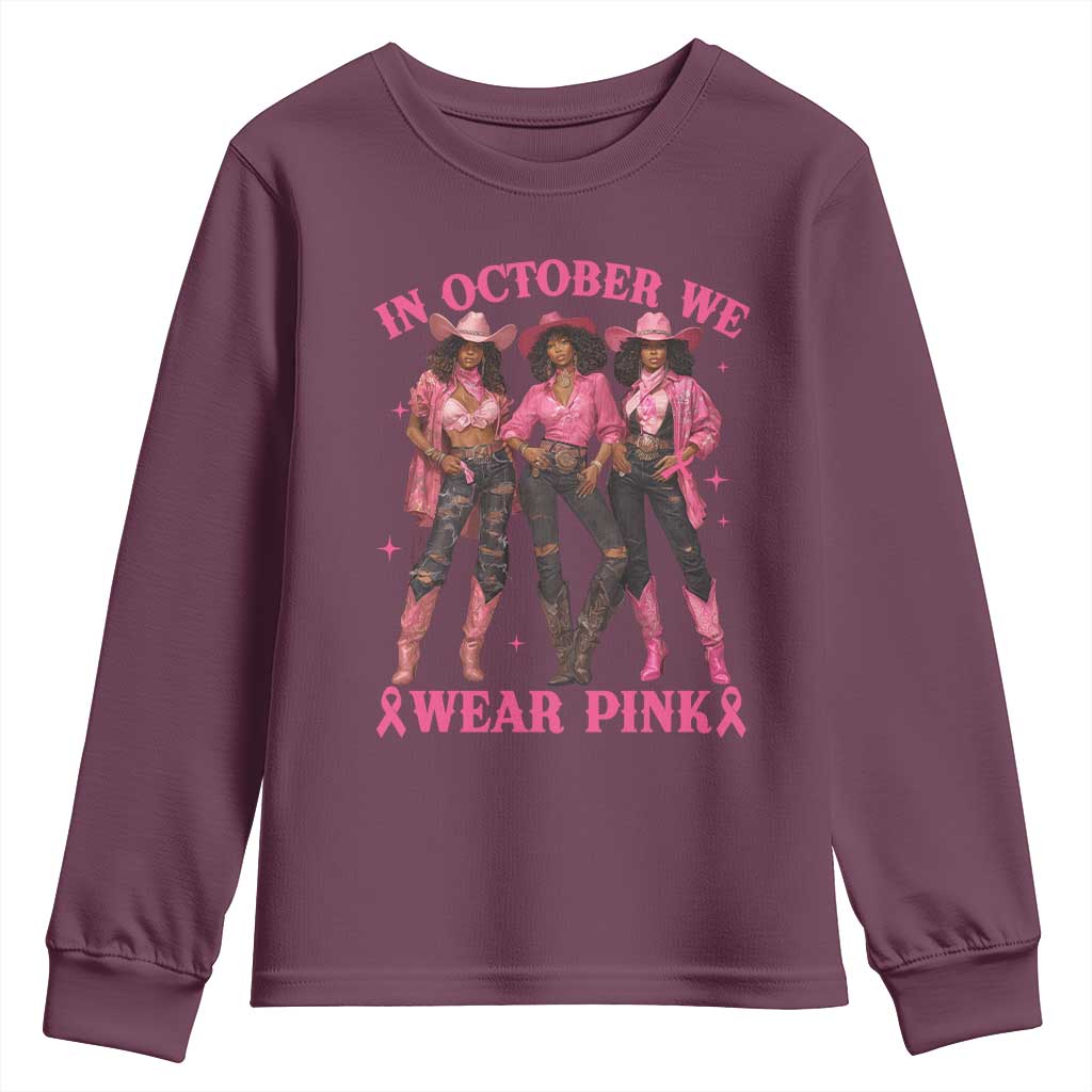 In October We Wear Pink Youth Sweatshirt Breast Cancer Awareness Month Cowgirl Pink Ribbon - Wonder Print Shop