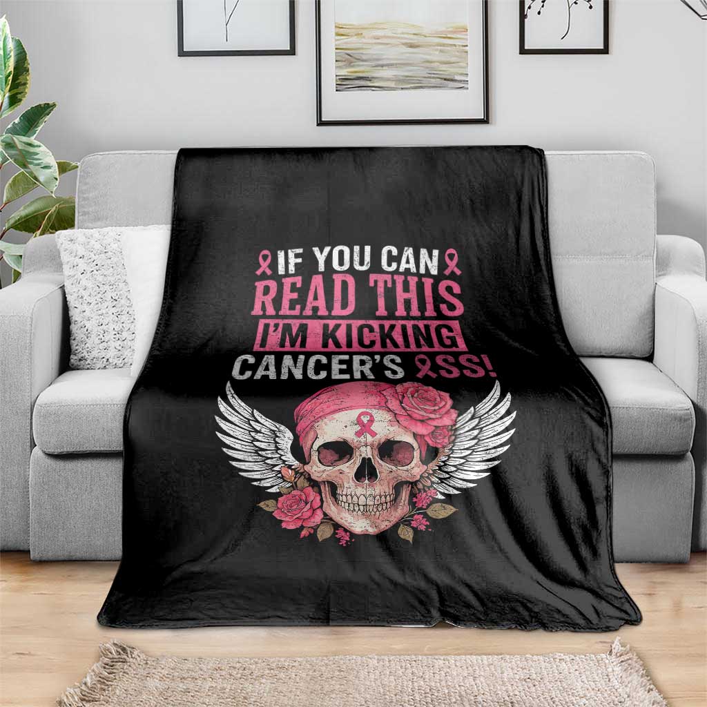 Funny Breast Cancer Survivor Throw Blanket Im Kicking Cancers Ass Pink Ribbon Skull - Wonder Print Shop