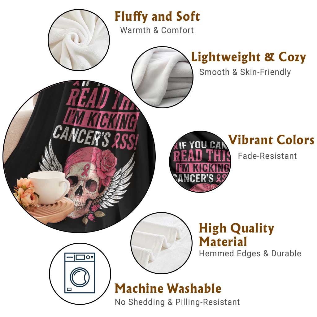 Funny Breast Cancer Survivor Throw Blanket Im Kicking Cancers Ass Pink Ribbon Skull - Wonder Print Shop