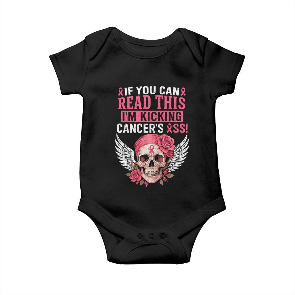 Funny Breast Cancer Survivor Baby Onesie Im Kicking Cancers Ass Pink Ribbon Skull - Wonder Print Shop