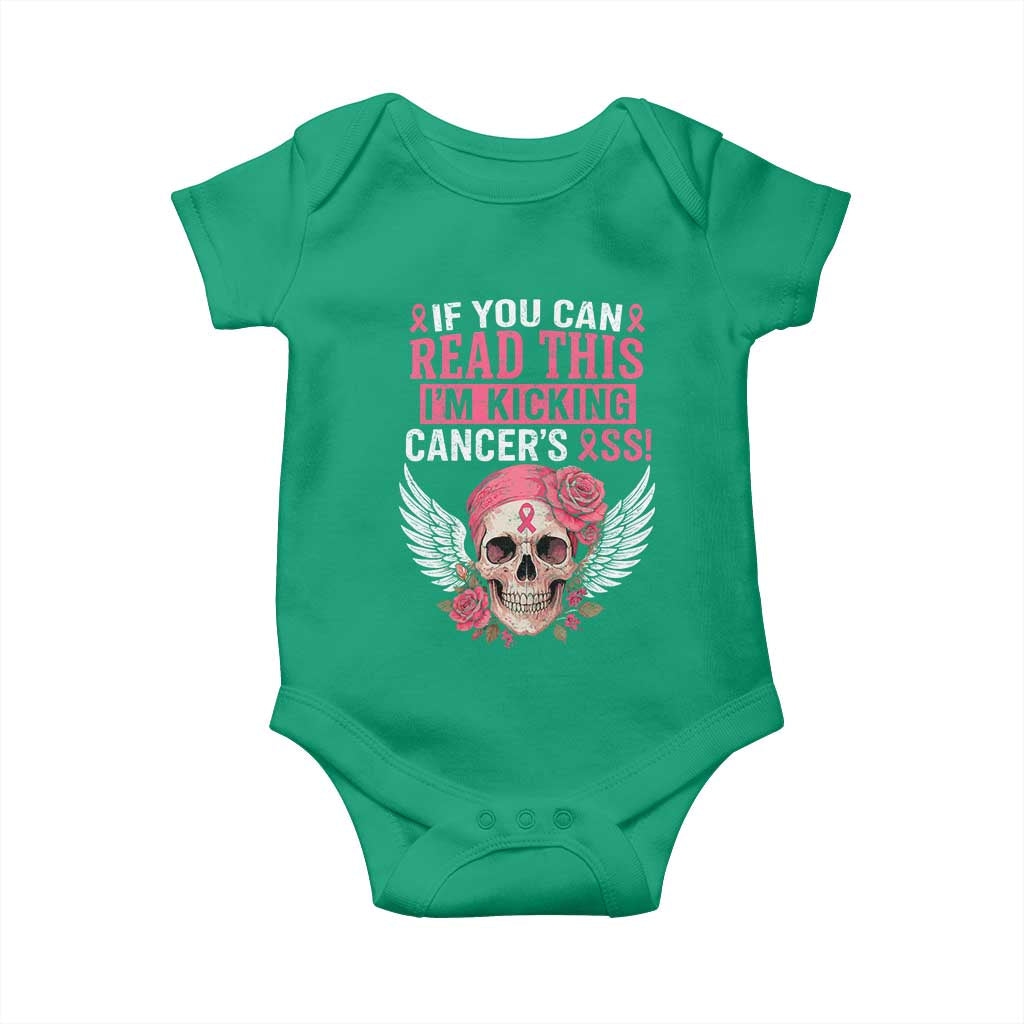 Funny Breast Cancer Survivor Baby Onesie Im Kicking Cancers Ass Pink Ribbon Skull - Wonder Print Shop