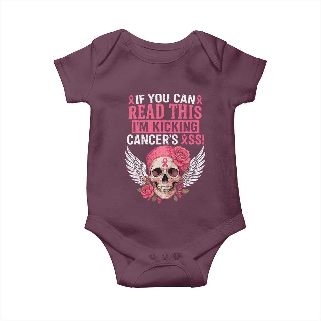 Funny Breast Cancer Survivor Baby Onesie Im Kicking Cancers Ass Pink Ribbon Skull - Wonder Print Shop