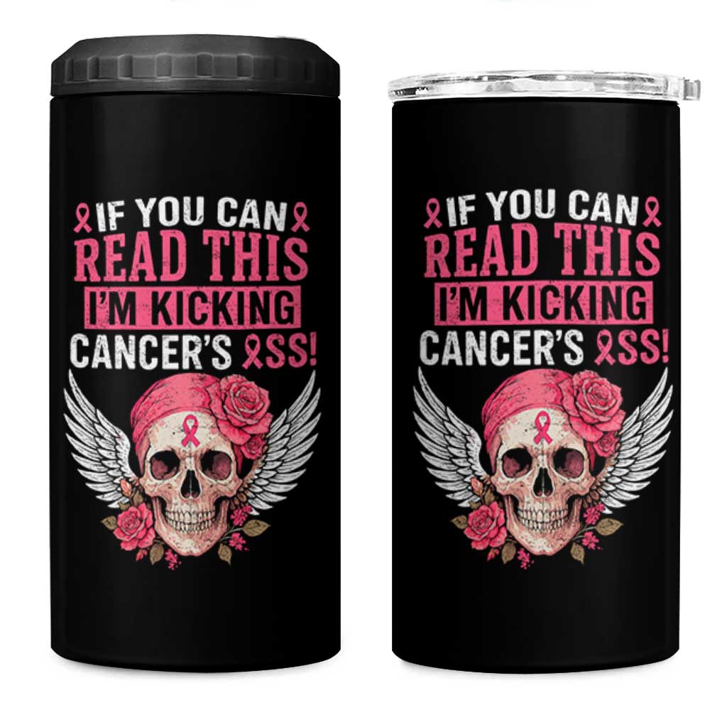 Funny Breast Cancer Survivor 4 in 1 Can Cooler Tumbler Im Kicking Cancers Ass Pink Ribbon Skull - Wonder Print Shop
