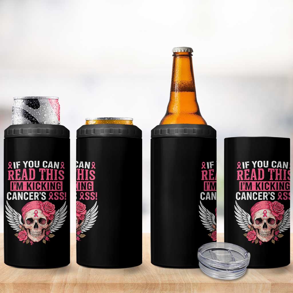 Funny Breast Cancer Survivor 4 in 1 Can Cooler Tumbler Im Kicking Cancers Ass Pink Ribbon Skull - Wonder Print Shop