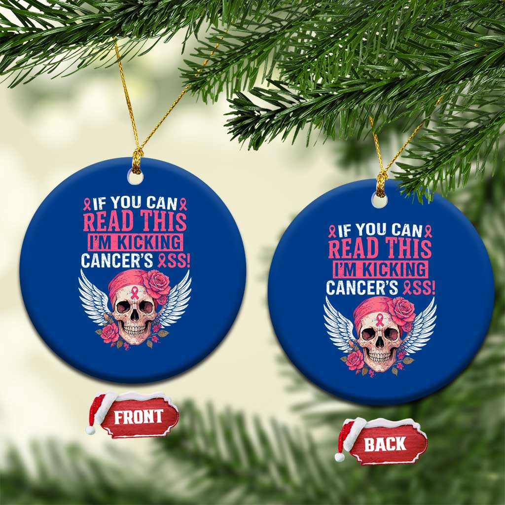 Funny Breast Cancer Survivor Ceramic Ornament Im Kicking Cancers Ass Pink Ribbon Skull - Wonder Print Shop