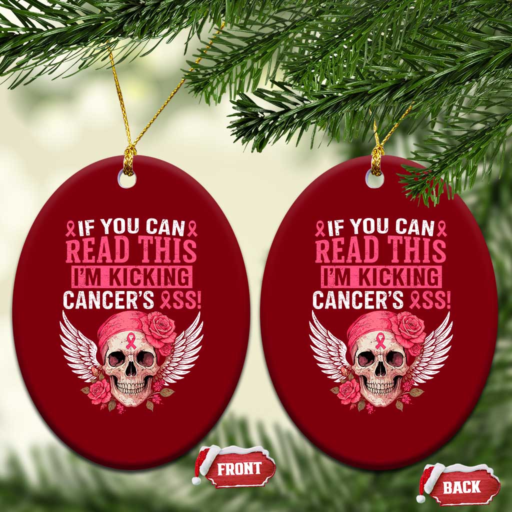 Funny Breast Cancer Survivor Ceramic Ornament Im Kicking Cancers Ass Pink Ribbon Skull - Wonder Print Shop