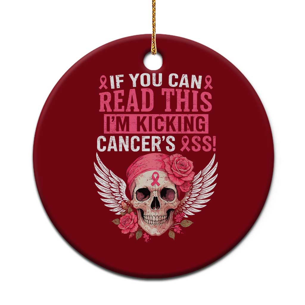 Funny Breast Cancer Survivor Ceramic Ornament Im Kicking Cancers Ass Pink Ribbon Skull - Wonder Print Shop
