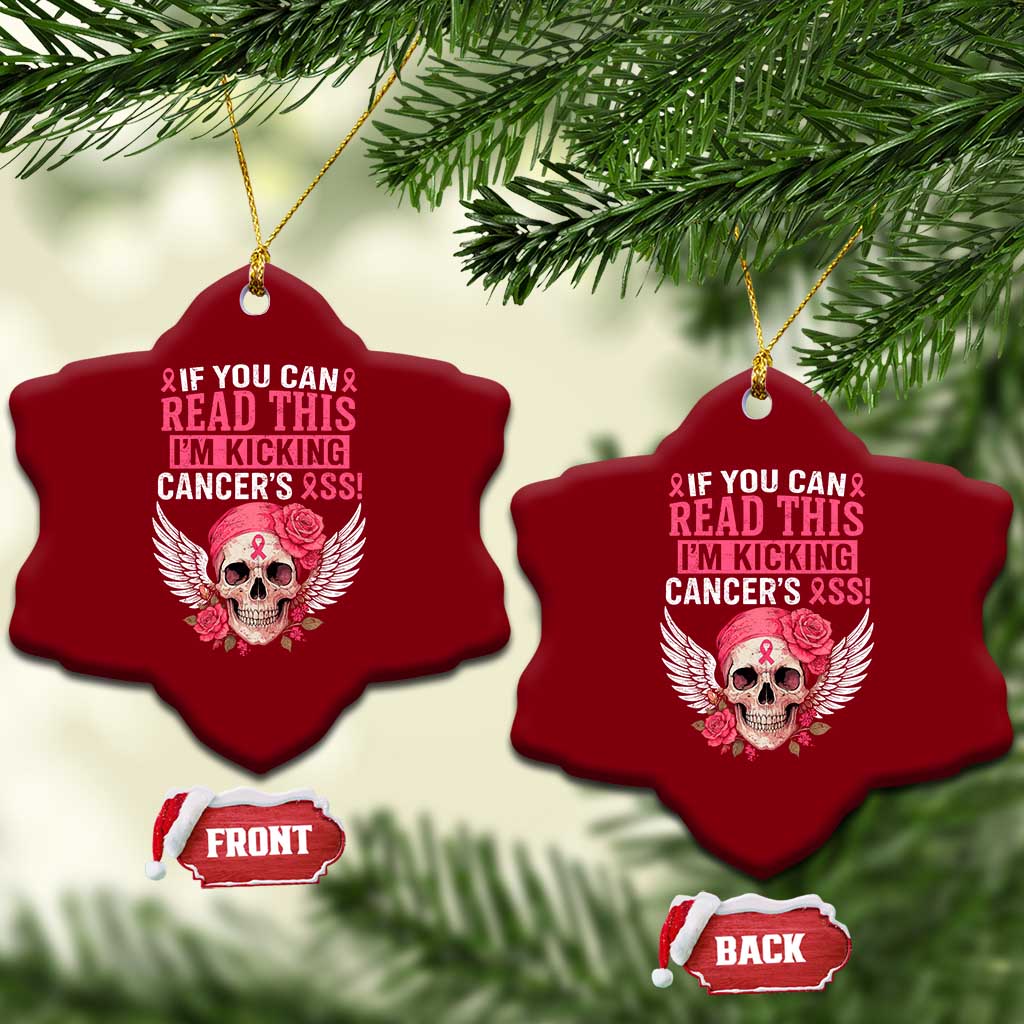 Funny Breast Cancer Survivor Ceramic Ornament Im Kicking Cancers Ass Pink Ribbon Skull - Wonder Print Shop