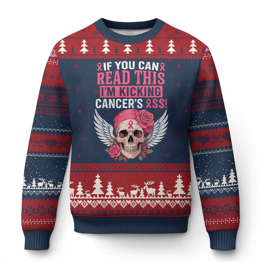 Funny Breast Cancer Survivor Ugly Christmas Sweater Im Kicking Cancers Ass Pink Ribbon Skull - Wonder Print Shop