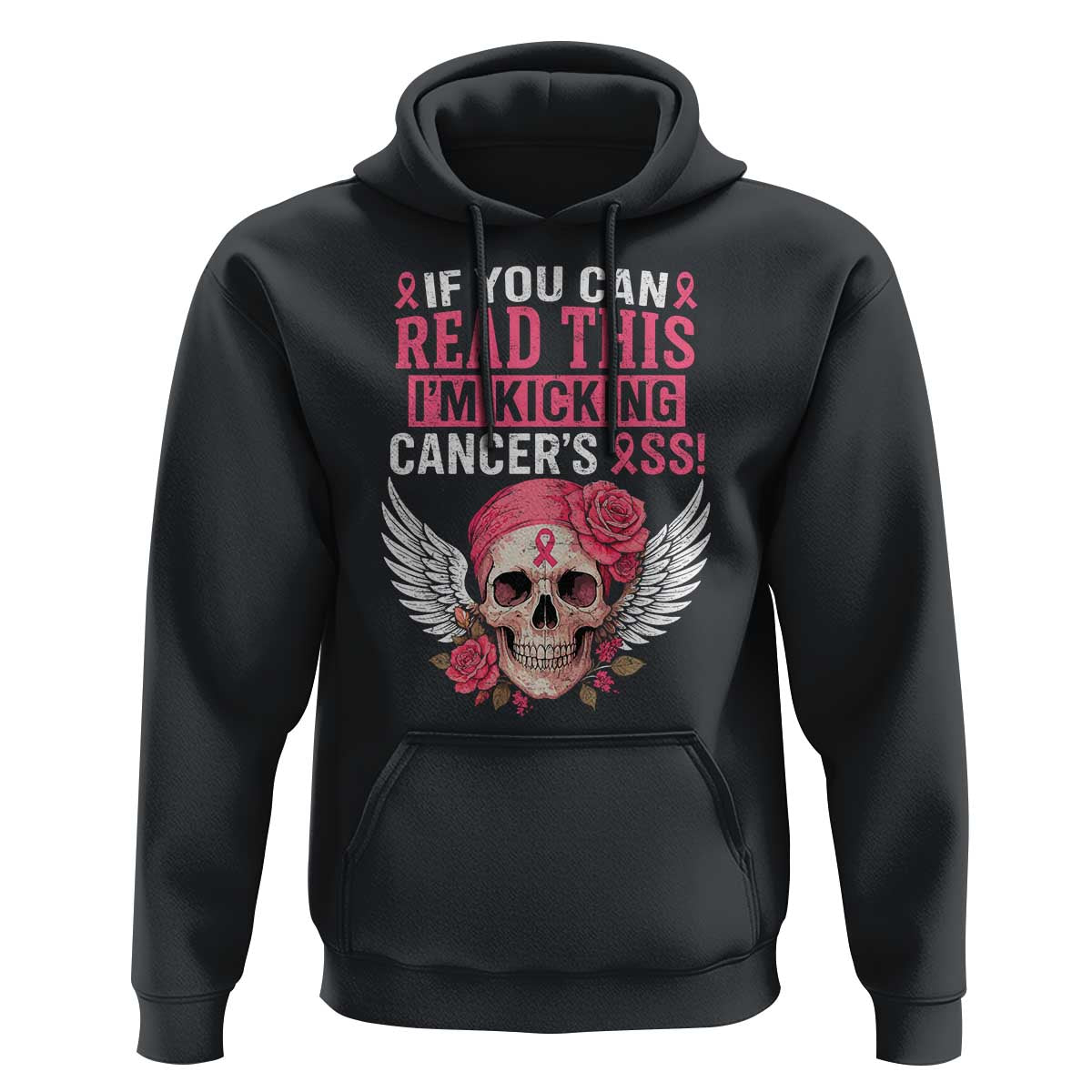Funny Breast Cancer Survivor Hoodie Im Kicking Cancers Ass Pink Ribbon Skull - Wonder Print Shop