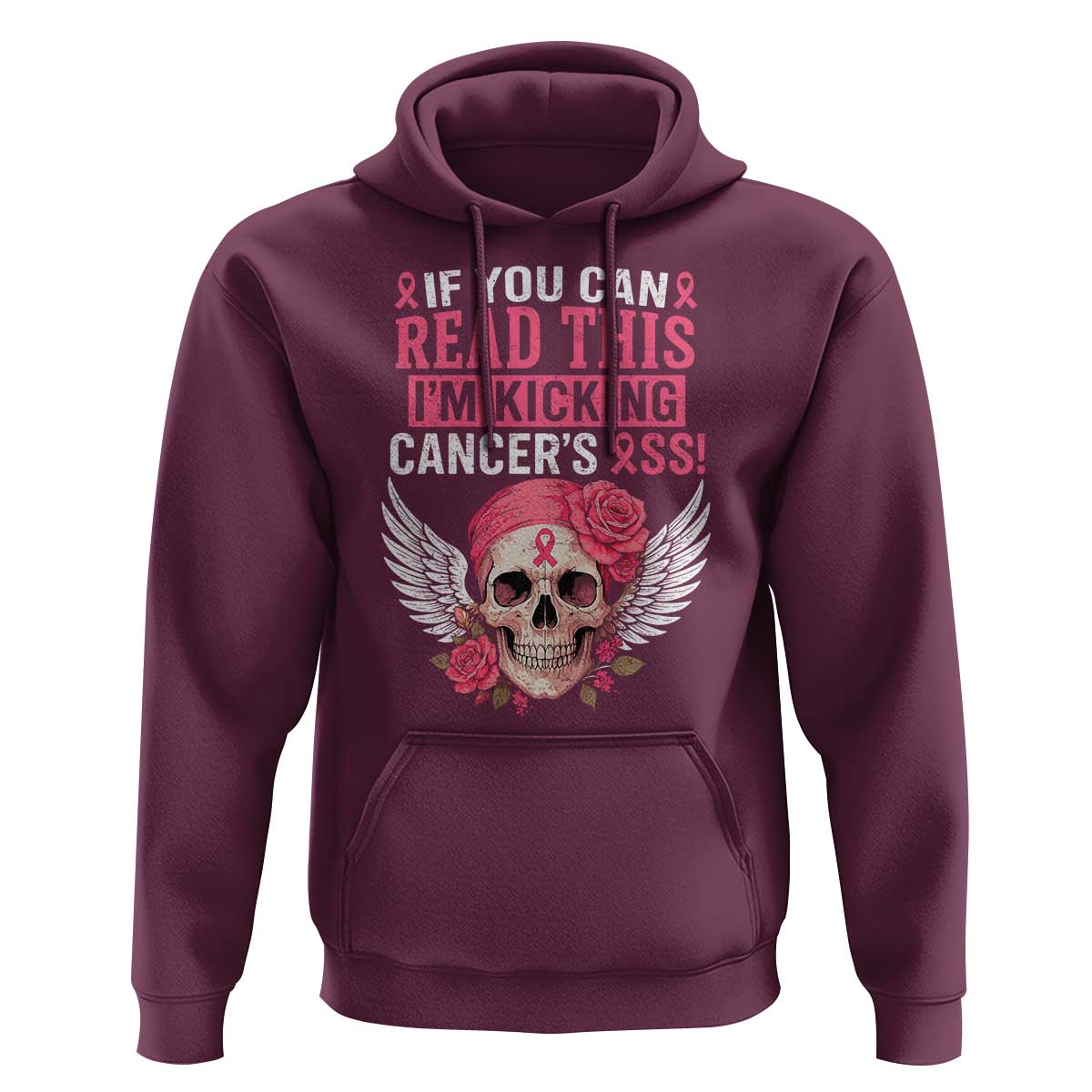 Funny Breast Cancer Survivor Hoodie Im Kicking Cancers Ass Pink Ribbon Skull - Wonder Print Shop