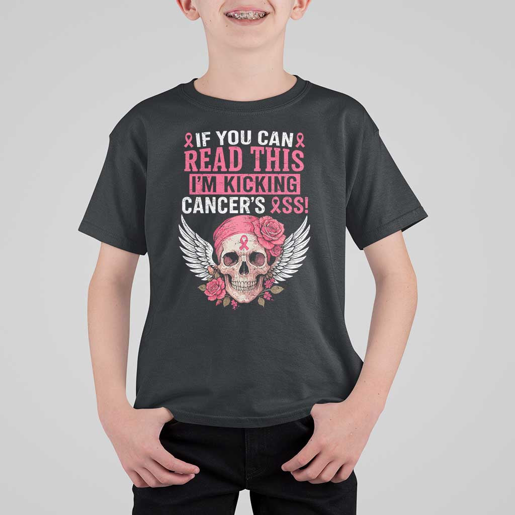 Funny Breast Cancer Survivor T Shirt For Kid Im Kicking Cancers Ass Pink Ribbon Skull - Wonder Print Shop