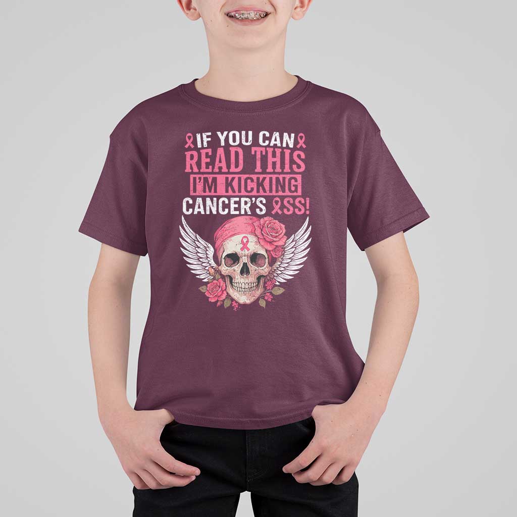 Funny Breast Cancer Survivor T Shirt For Kid Im Kicking Cancers Ass Pink Ribbon Skull - Wonder Print Shop