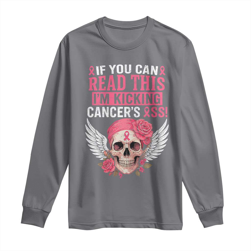 Funny Breast Cancer Survivor Long Sleeve Shirt Im Kicking Cancers Ass Pink Ribbon Skull - Wonder Print Shop