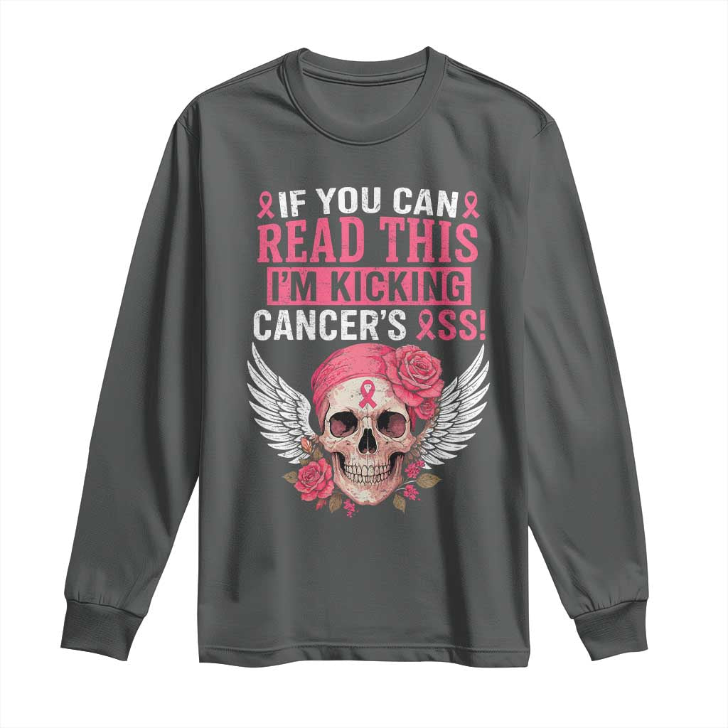 Funny Breast Cancer Survivor Long Sleeve Shirt Im Kicking Cancers Ass Pink Ribbon Skull - Wonder Print Shop