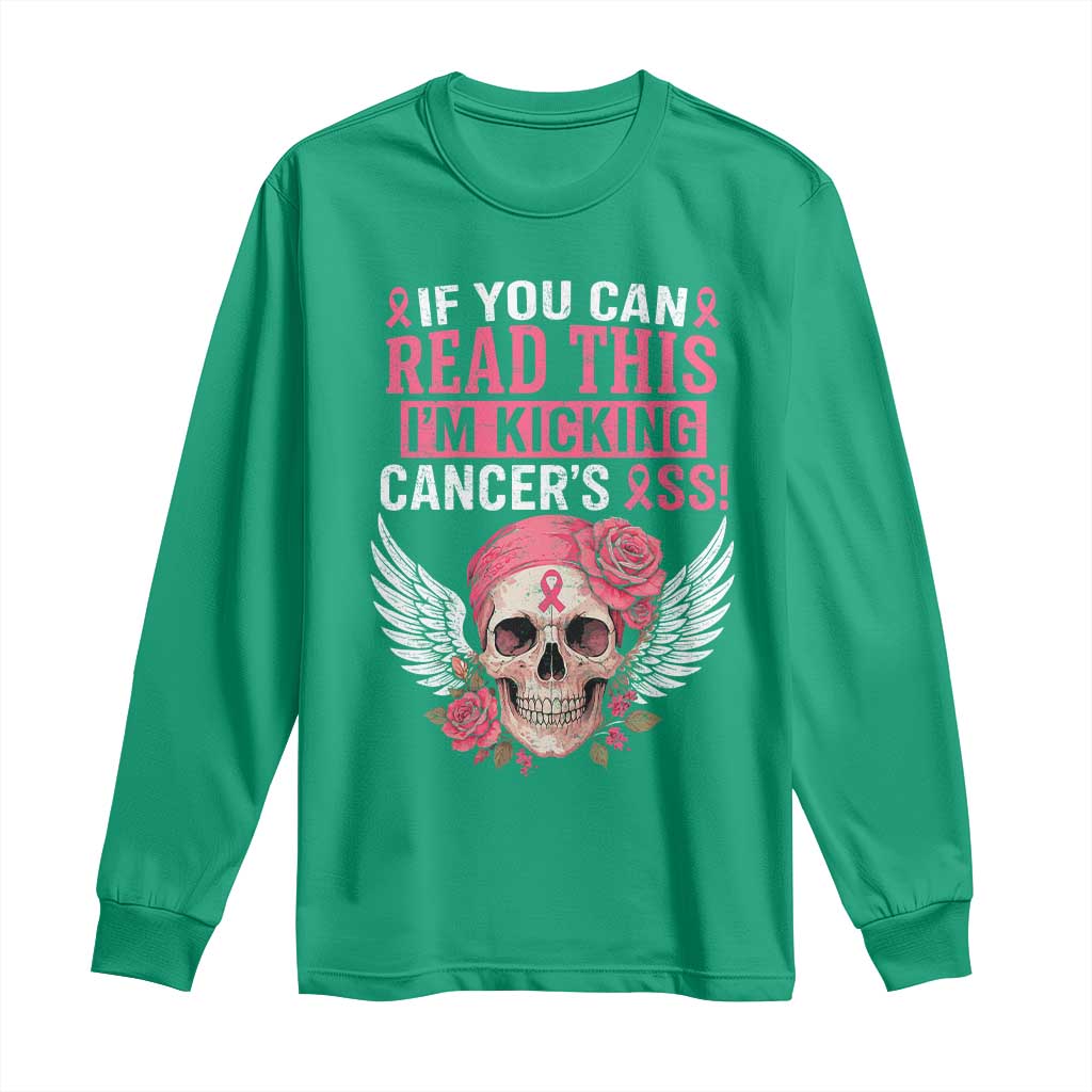 Funny Breast Cancer Survivor Long Sleeve Shirt Im Kicking Cancers Ass Pink Ribbon Skull - Wonder Print Shop