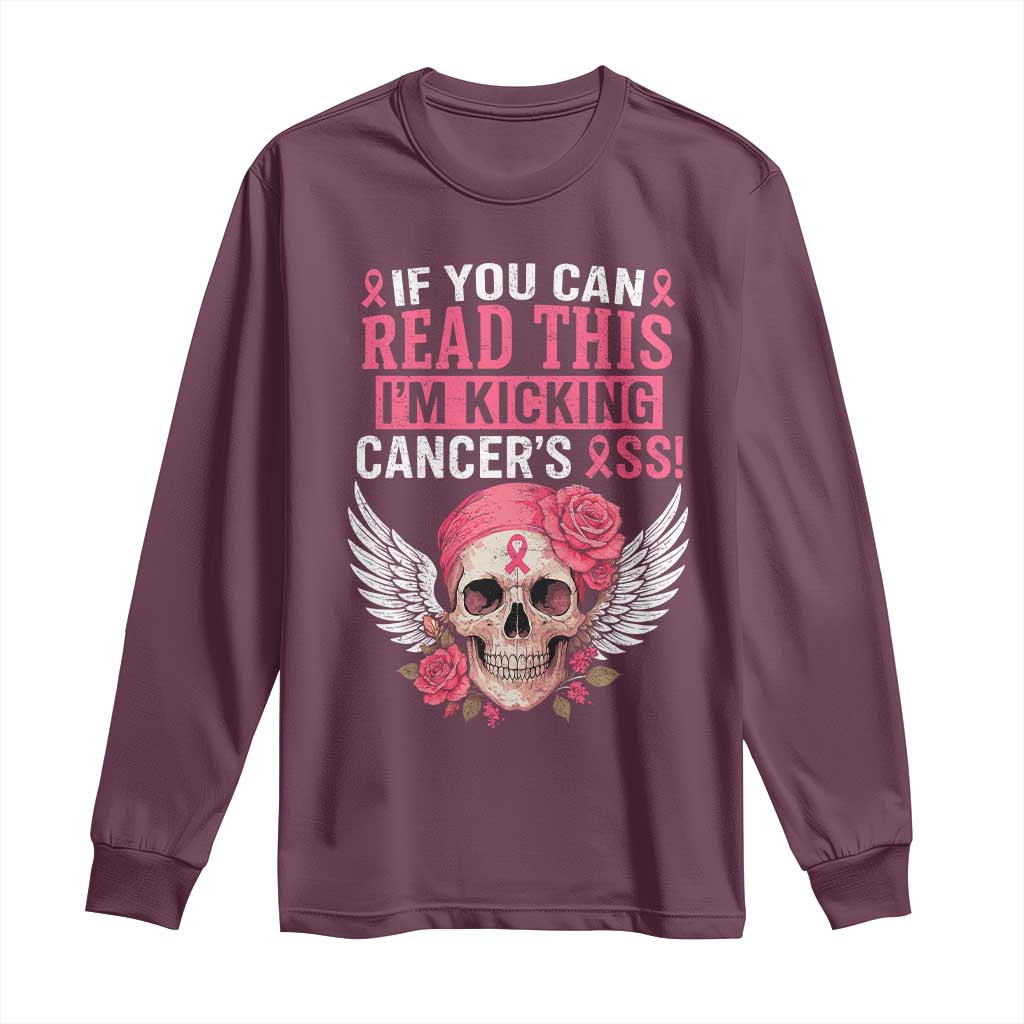 Funny Breast Cancer Survivor Long Sleeve Shirt Im Kicking Cancers Ass Pink Ribbon Skull - Wonder Print Shop
