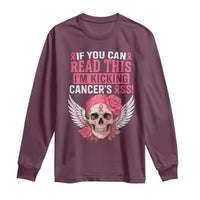 Funny Breast Cancer Survivor Long Sleeve Shirt Im Kicking Cancers Ass Pink Ribbon Skull - Wonder Print Shop