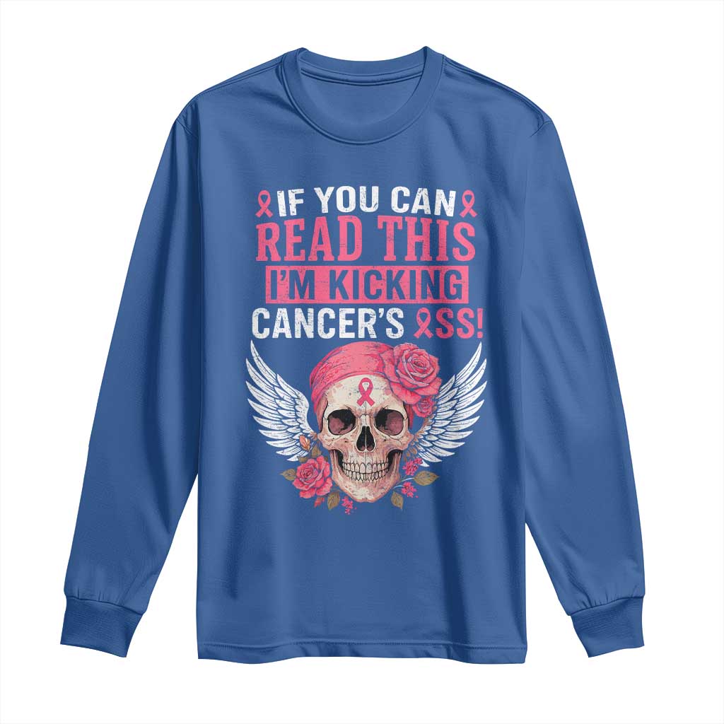 Funny Breast Cancer Survivor Long Sleeve Shirt Im Kicking Cancers Ass Pink Ribbon Skull - Wonder Print Shop