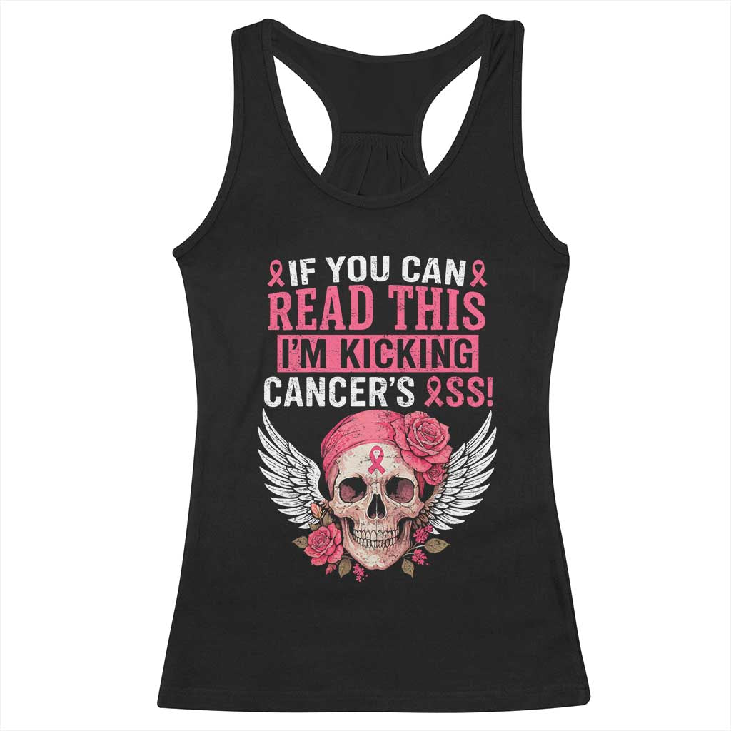 Funny Breast Cancer Survivor Racerback Tank Top Im Kicking Cancers Ass Pink Ribbon Skull - Wonder Print Shop
