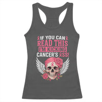 Funny Breast Cancer Survivor Racerback Tank Top Im Kicking Cancers Ass Pink Ribbon Skull - Wonder Print Shop