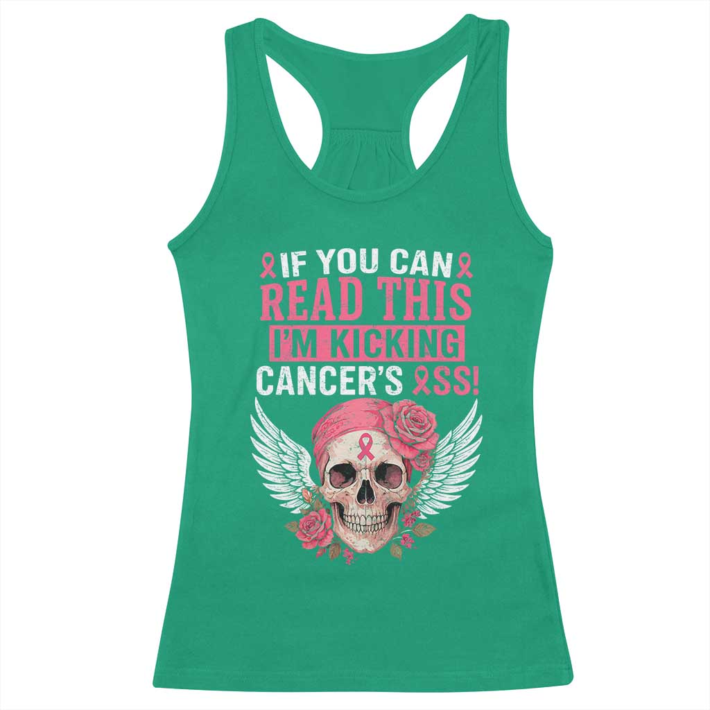 Funny Breast Cancer Survivor Racerback Tank Top Im Kicking Cancers Ass Pink Ribbon Skull - Wonder Print Shop