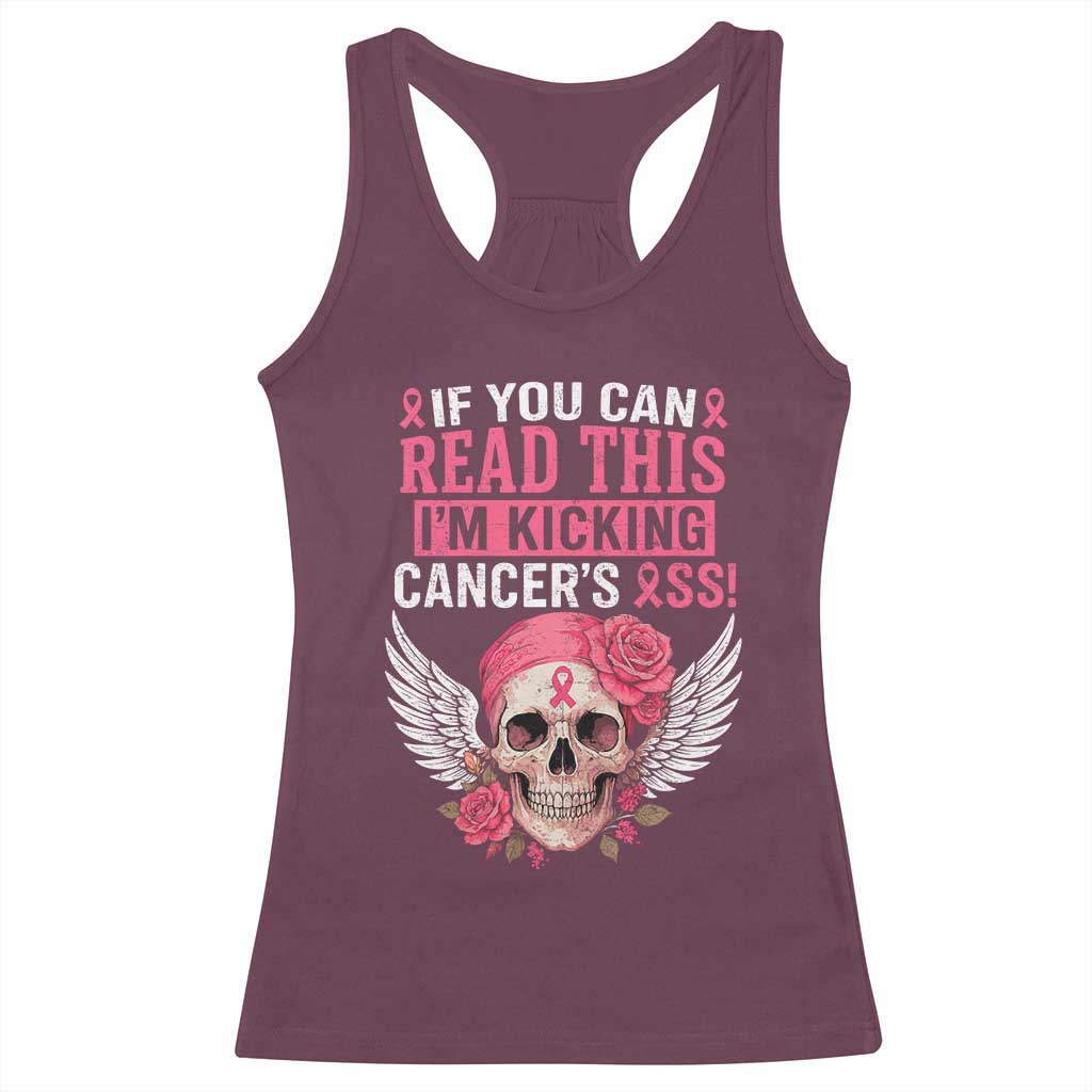 Funny Breast Cancer Survivor Racerback Tank Top Im Kicking Cancers Ass Pink Ribbon Skull - Wonder Print Shop