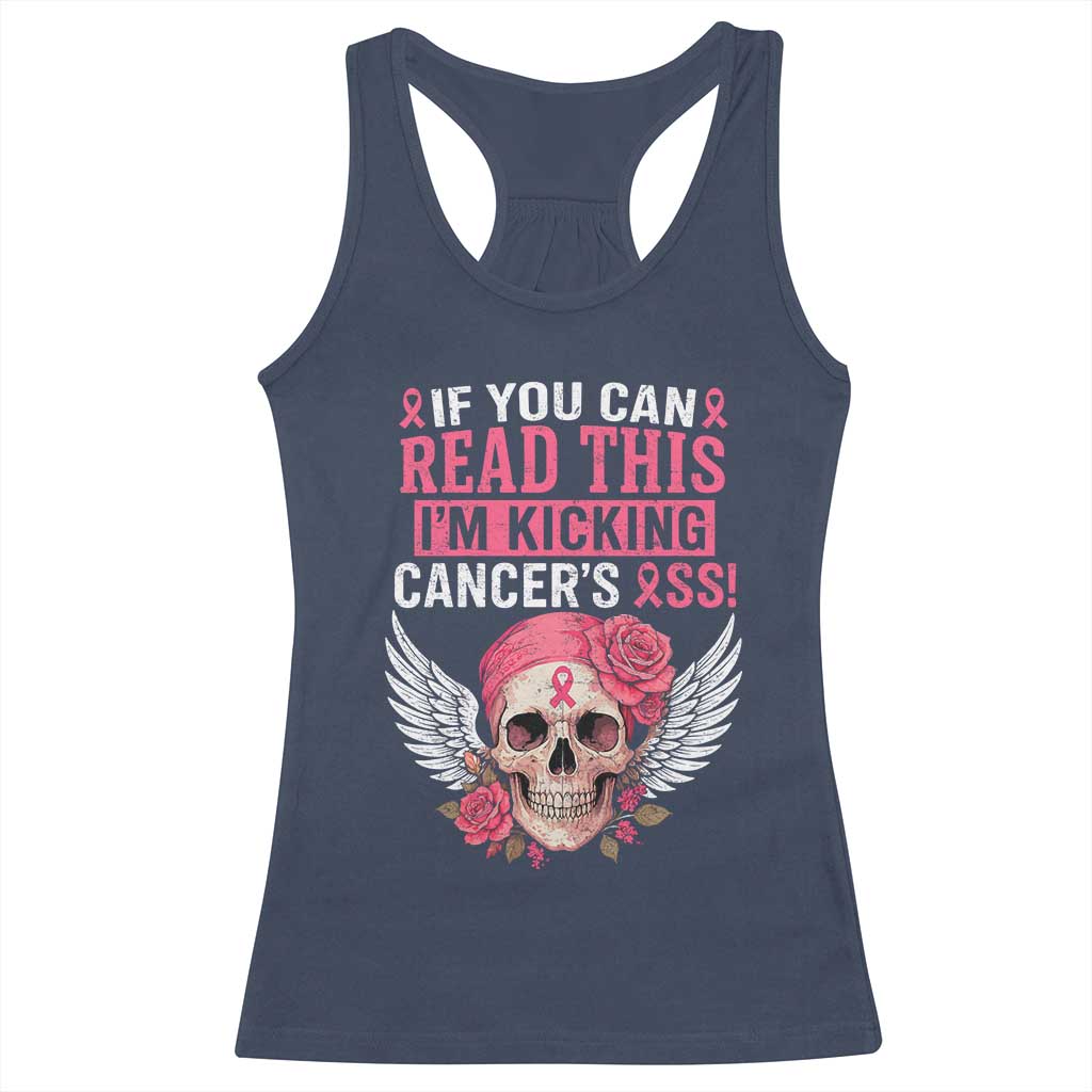 Funny Breast Cancer Survivor Racerback Tank Top Im Kicking Cancers Ass Pink Ribbon Skull - Wonder Print Shop