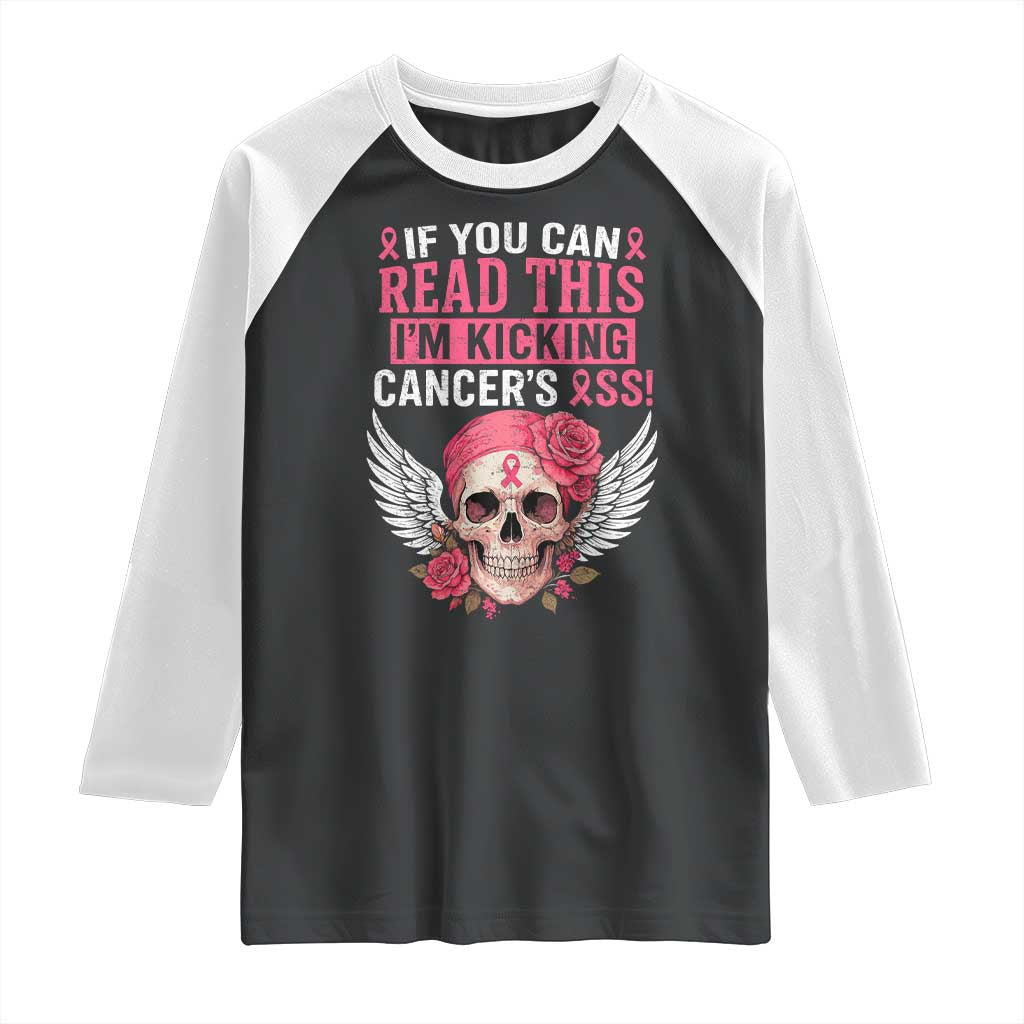 Funny Breast Cancer Survivor Raglan Shirt Im Kicking Cancers Ass Pink Ribbon Skull - Wonder Print Shop