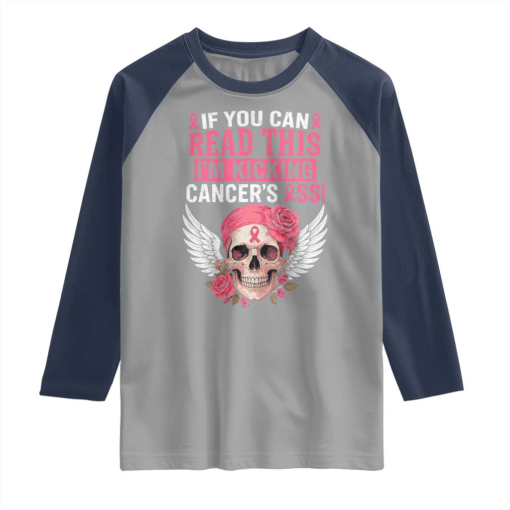 Funny Breast Cancer Survivor Raglan Shirt Im Kicking Cancers Ass Pink Ribbon Skull - Wonder Print Shop