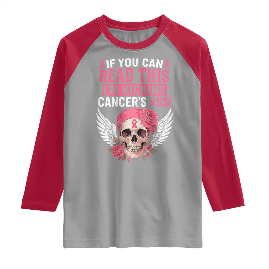 Funny Breast Cancer Survivor Raglan Shirt Im Kicking Cancers Ass Pink Ribbon Skull - Wonder Print Shop