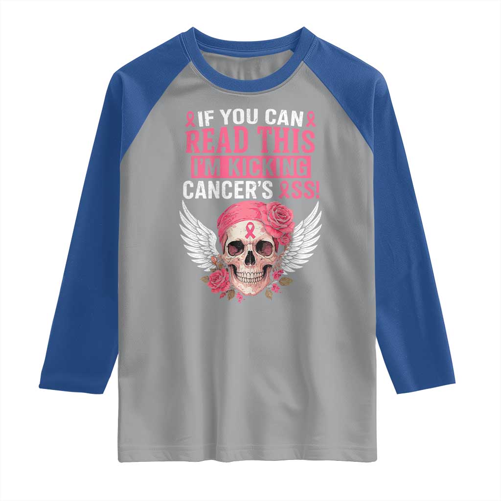Funny Breast Cancer Survivor Raglan Shirt Im Kicking Cancers Ass Pink Ribbon Skull - Wonder Print Shop