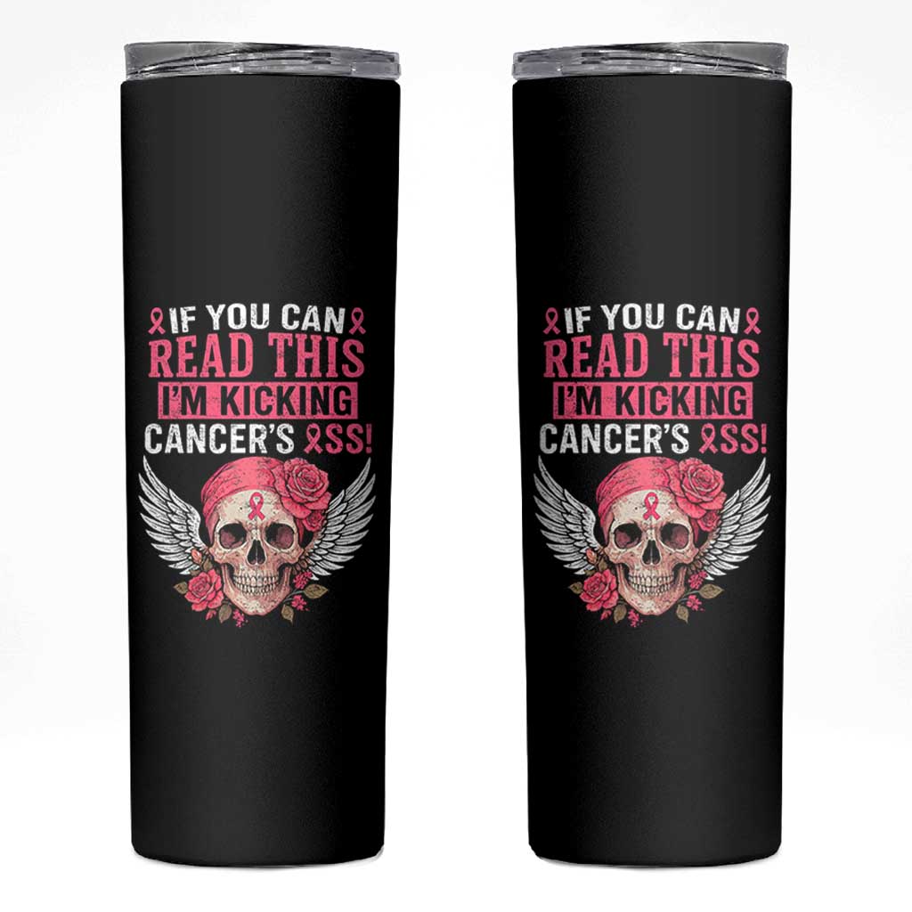 Funny Breast Cancer Survivor Skinny Tumbler Im Kicking Cancers Ass Pink Ribbon Skull - Wonder Print Shop