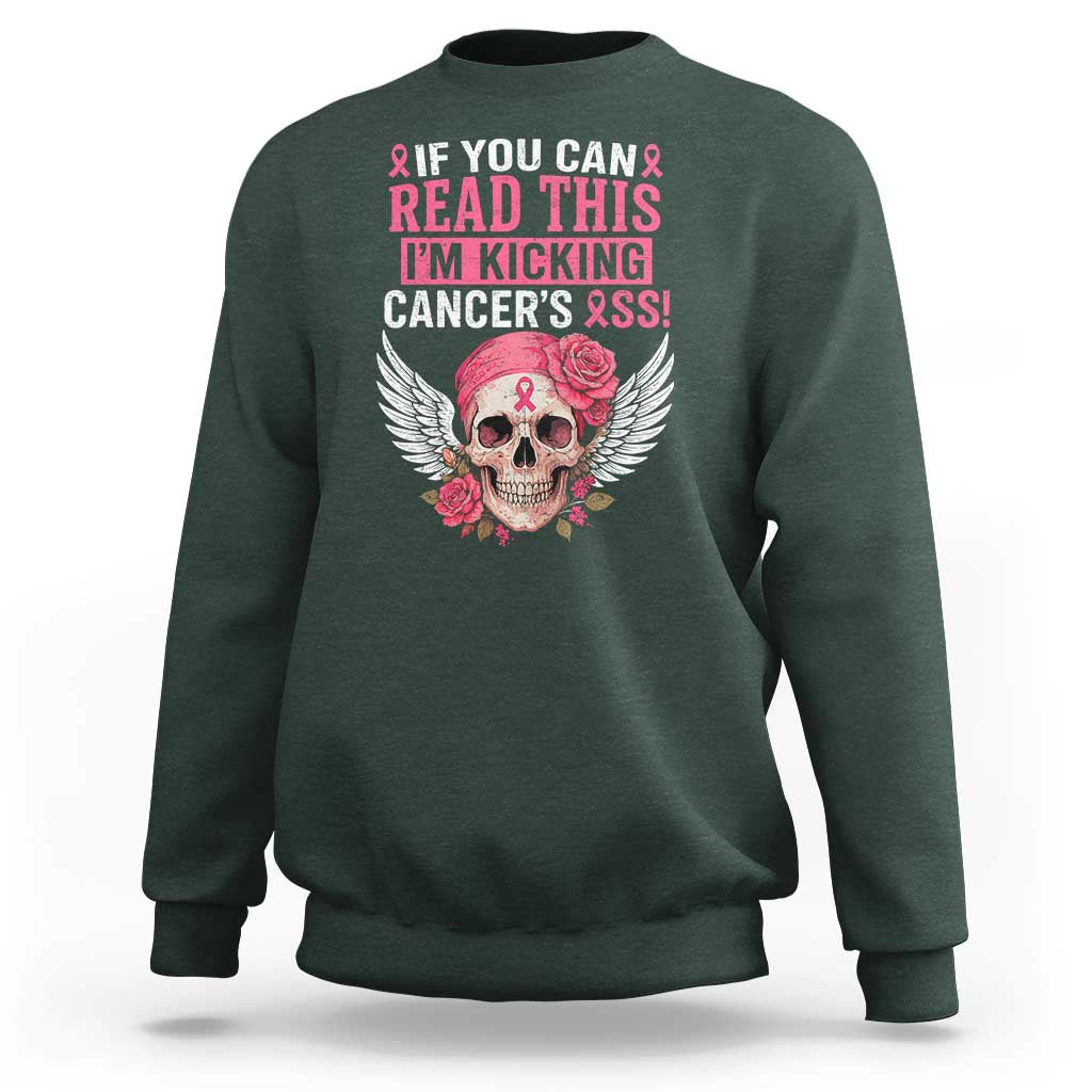 Funny Breast Cancer Survivor Sweatshirt Im Kicking Cancers Ass Pink Ribbon Skull - Wonder Print Shop