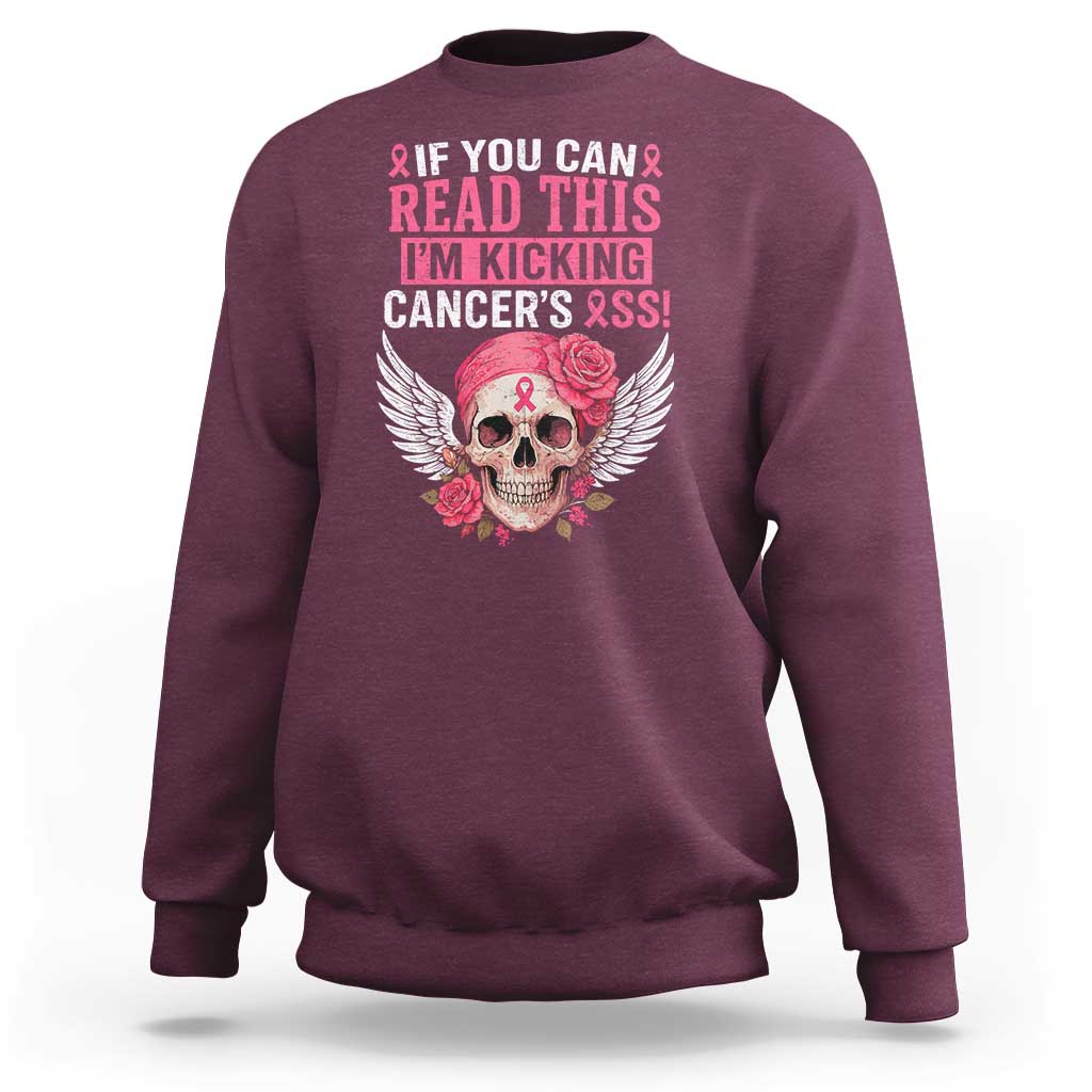 Funny Breast Cancer Survivor Sweatshirt Im Kicking Cancers Ass Pink Ribbon Skull - Wonder Print Shop