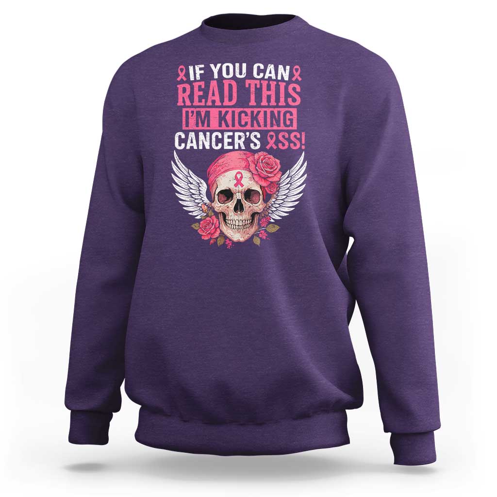 Funny Breast Cancer Survivor Sweatshirt Im Kicking Cancers Ass Pink Ribbon Skull - Wonder Print Shop