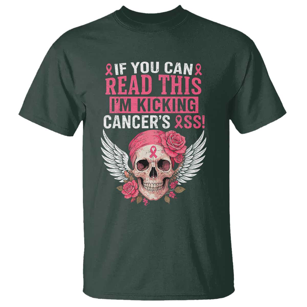 Funny Breast Cancer Survivor T Shirt Im Kicking Cancers Ass Pink Ribbon Skull - Wonder Print Shop