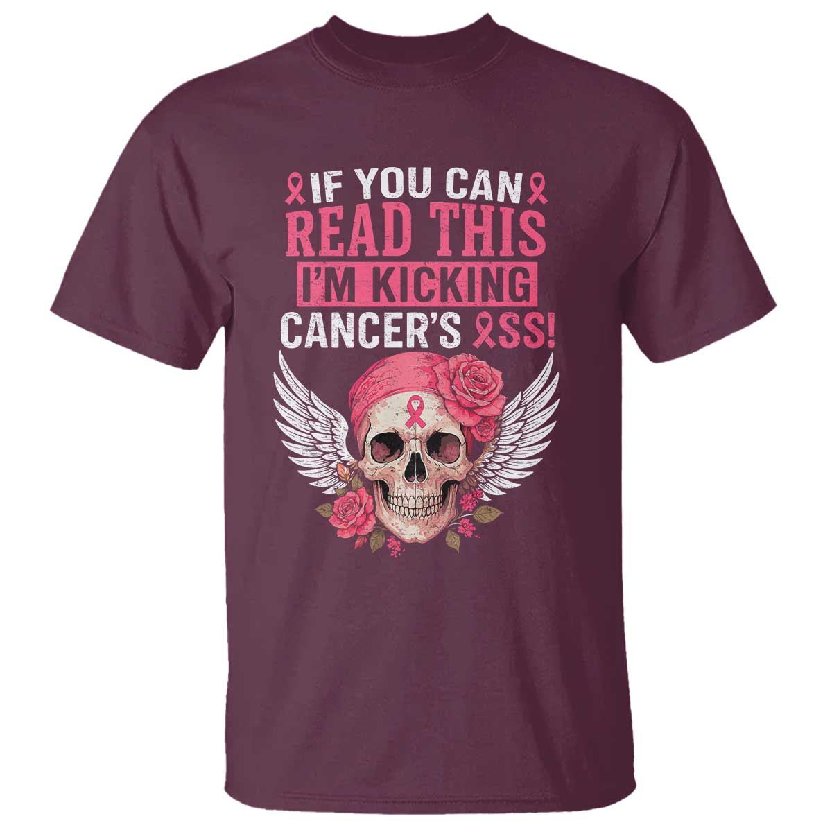 Funny Breast Cancer Survivor T Shirt Im Kicking Cancers Ass Pink Ribbon Skull - Wonder Print Shop
