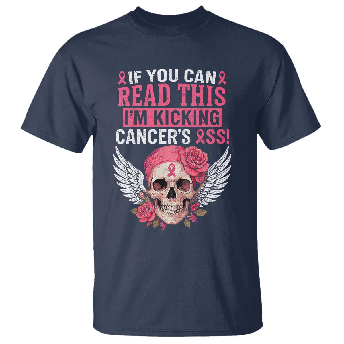 Funny Breast Cancer Survivor T Shirt Im Kicking Cancers Ass Pink Ribbon Skull - Wonder Print Shop
