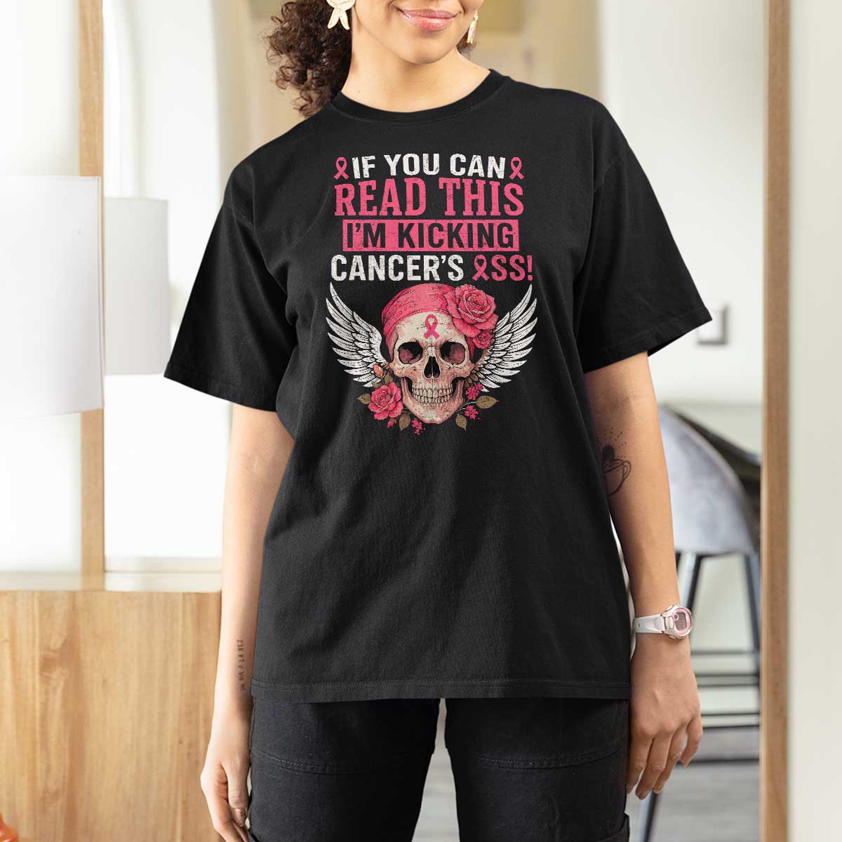 Funny Breast Cancer Survivor T Shirt For Women Im Kicking Cancers Ass Pink Ribbon Skull - Wonder Print Shop