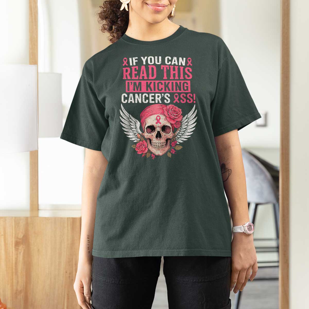 Funny Breast Cancer Survivor T Shirt For Women Im Kicking Cancers Ass Pink Ribbon Skull - Wonder Print Shop