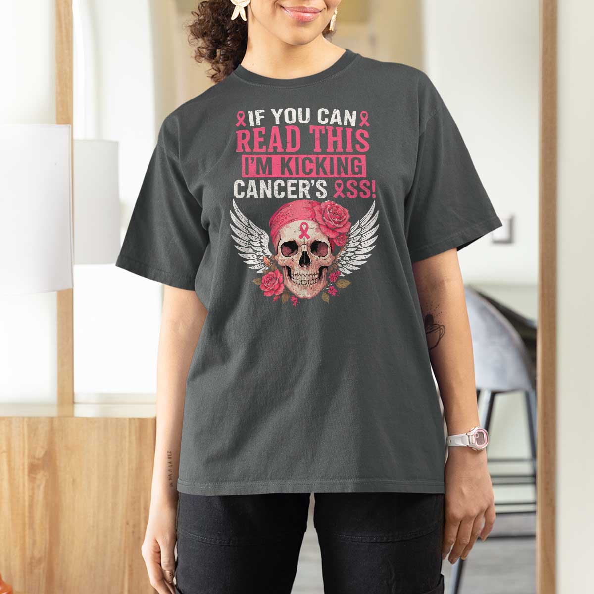 Funny Breast Cancer Survivor T Shirt For Women Im Kicking Cancers Ass Pink Ribbon Skull - Wonder Print Shop