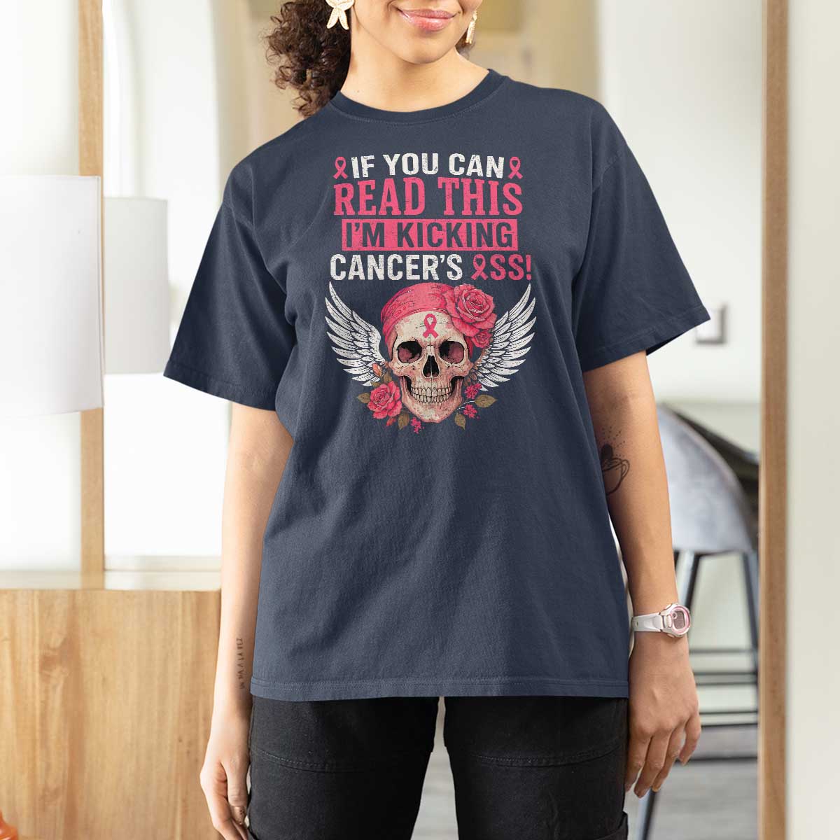 Funny Breast Cancer Survivor T Shirt For Women Im Kicking Cancers Ass Pink Ribbon Skull - Wonder Print Shop
