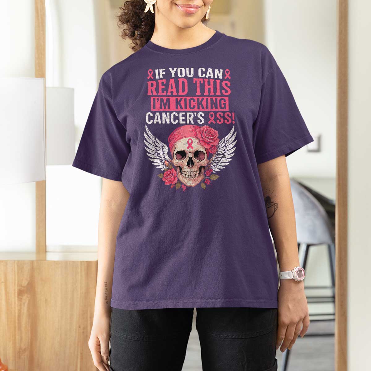 Funny Breast Cancer Survivor T Shirt For Women Im Kicking Cancers Ass Pink Ribbon Skull - Wonder Print Shop