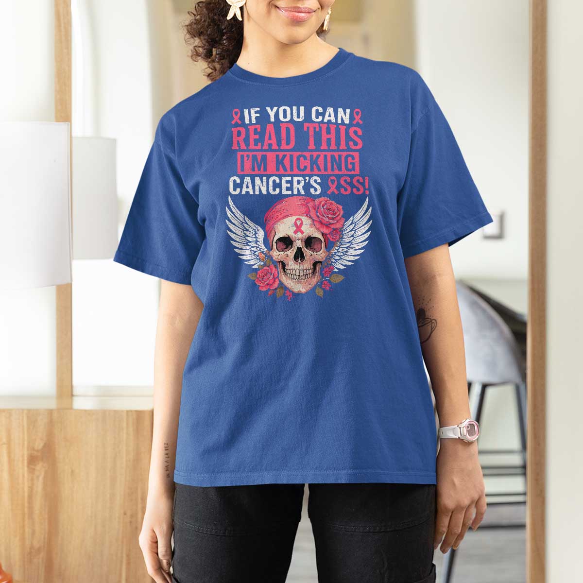 Funny Breast Cancer Survivor T Shirt For Women Im Kicking Cancers Ass Pink Ribbon Skull - Wonder Print Shop