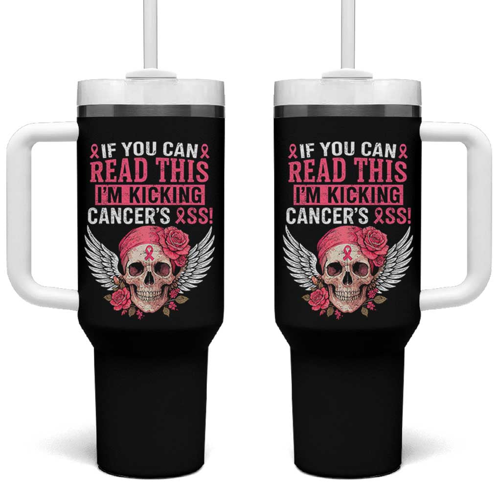 Funny Breast Cancer Survivor Tumbler With Handle Im Kicking Cancers Ass Pink Ribbon Skull - Wonder Print Shop