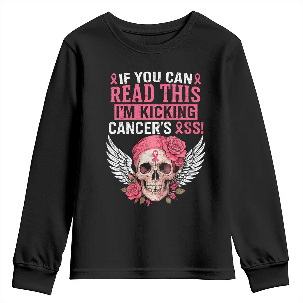 Funny Breast Cancer Survivor Youth Sweatshirt Im Kicking Cancers Ass Pink Ribbon Skull - Wonder Print Shop