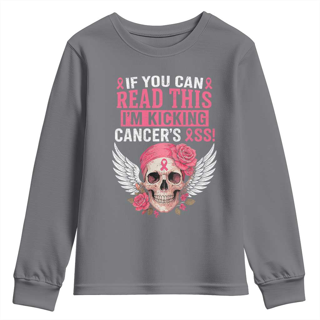 Funny Breast Cancer Survivor Youth Sweatshirt Im Kicking Cancers Ass Pink Ribbon Skull - Wonder Print Shop